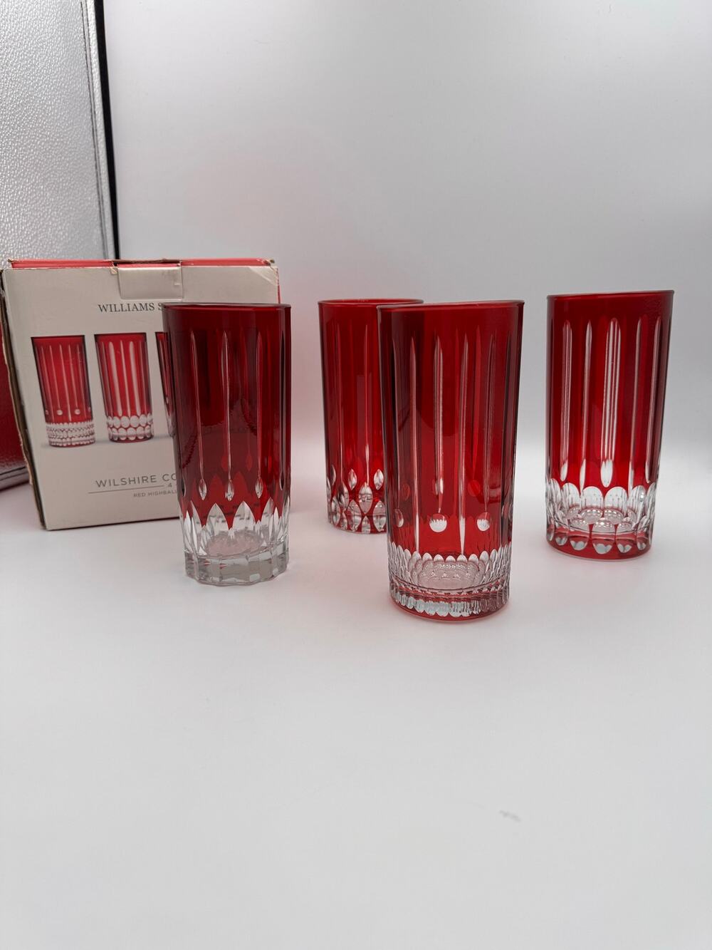 William Sonoma Wilshire Collection Red Highball Glasses Jewel Cut Mixed Pattern